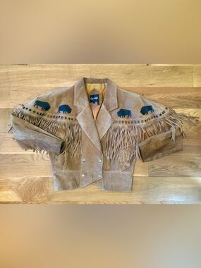 Vintage Western Learsi Tan Suede Fringe Jacket w/Buffalo Print Large